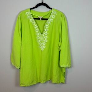 Appraisal Womens Lime Green Boho Embroidered 3/4 Sleeve Linen Blend SZ 3X Summer